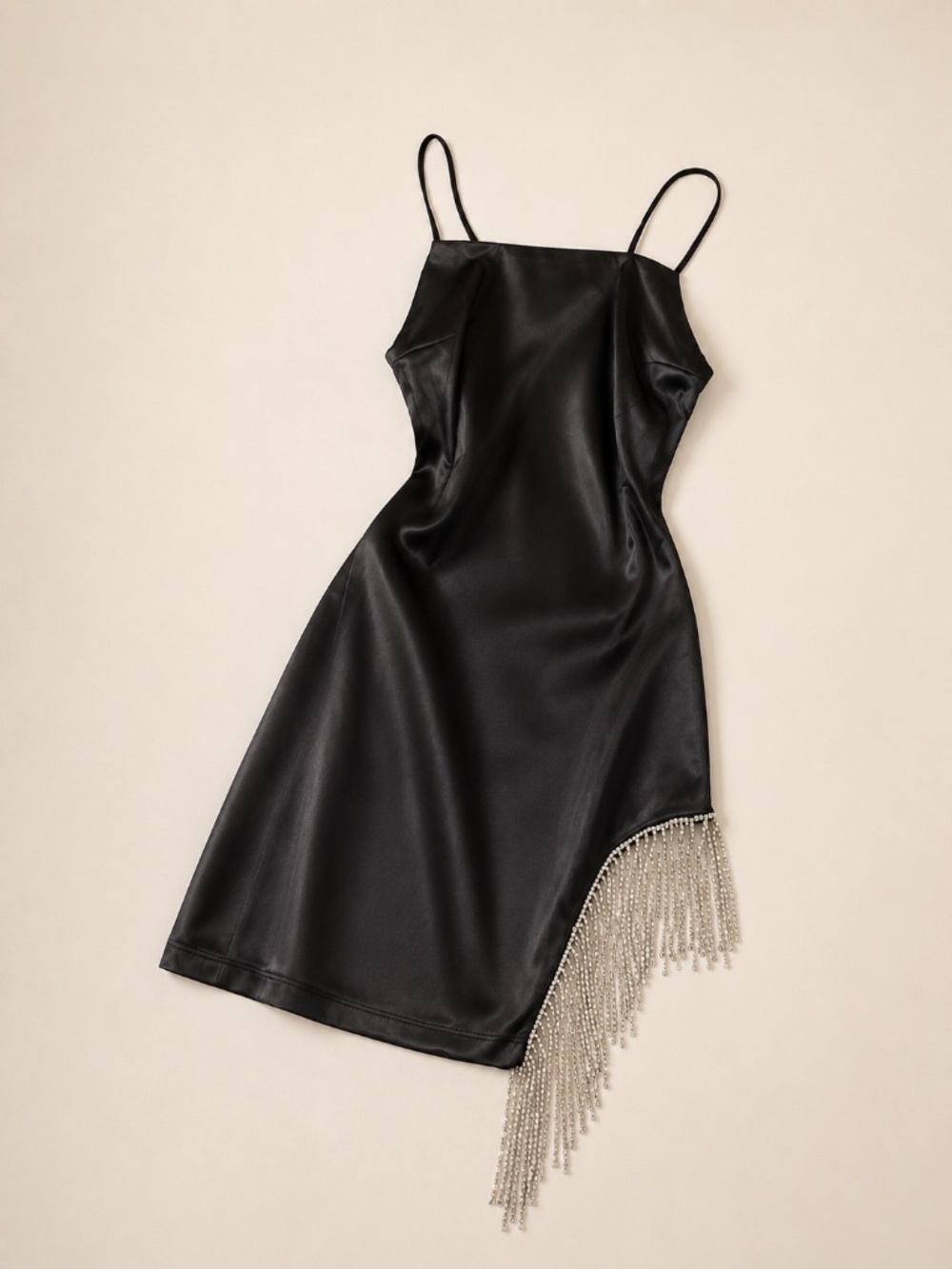 Tic Toc Black Satin Rhinestone Fringe Mini Dress Size S NWT